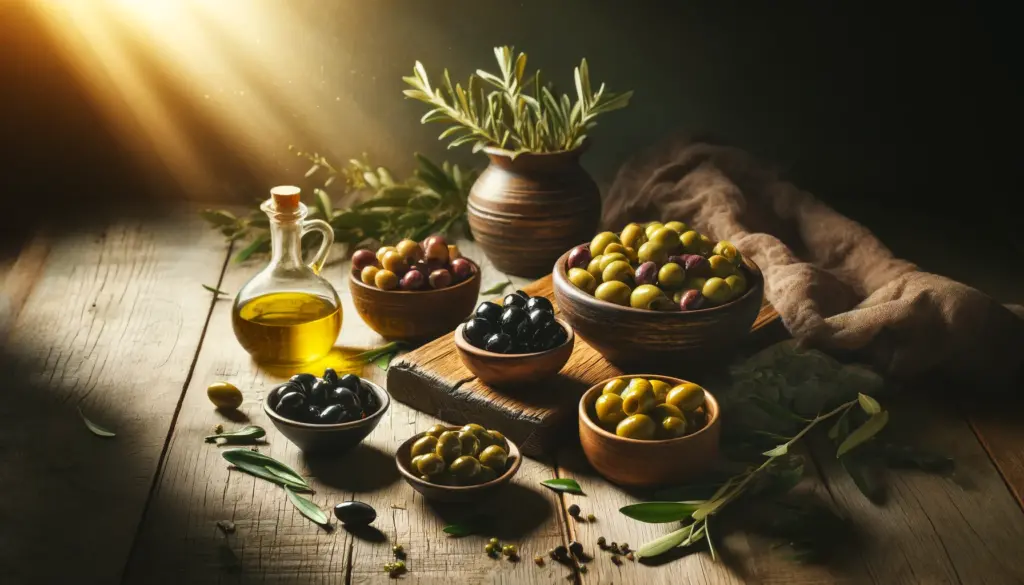 A beautifully arranged assortment of green and black olives in various bowls on a rustic wooden table highlighted by natural sunlight filtering