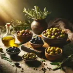A beautifully arranged assortment of green and black olives in various bowls on a rustic wooden table, highlighted by natural sunlight filtering