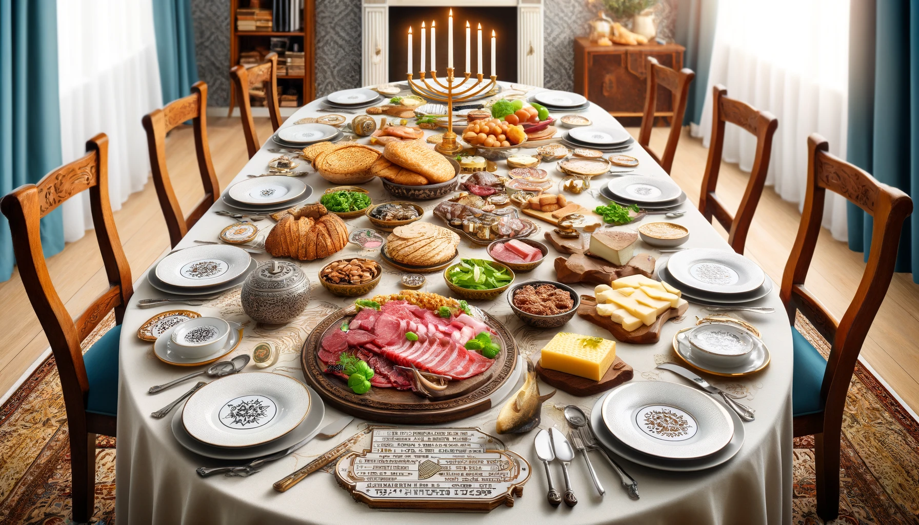 A beautifully set dining table showcasing a variety of kosher foods. The table includes sections with separate sets of dishes and cutlery for meat
