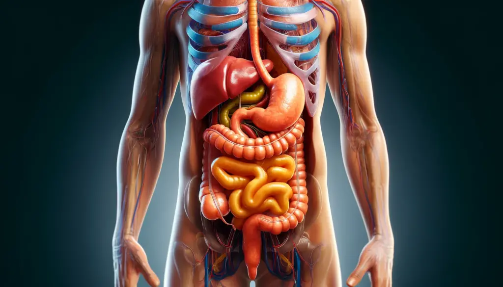 A depiction of the human digestive system highlighting the absorption process. The image should include the mouth esophagus etc
