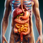 A depiction of the human digestive system highlighting the absorption process. The image should include the mouth, esophagus, etc