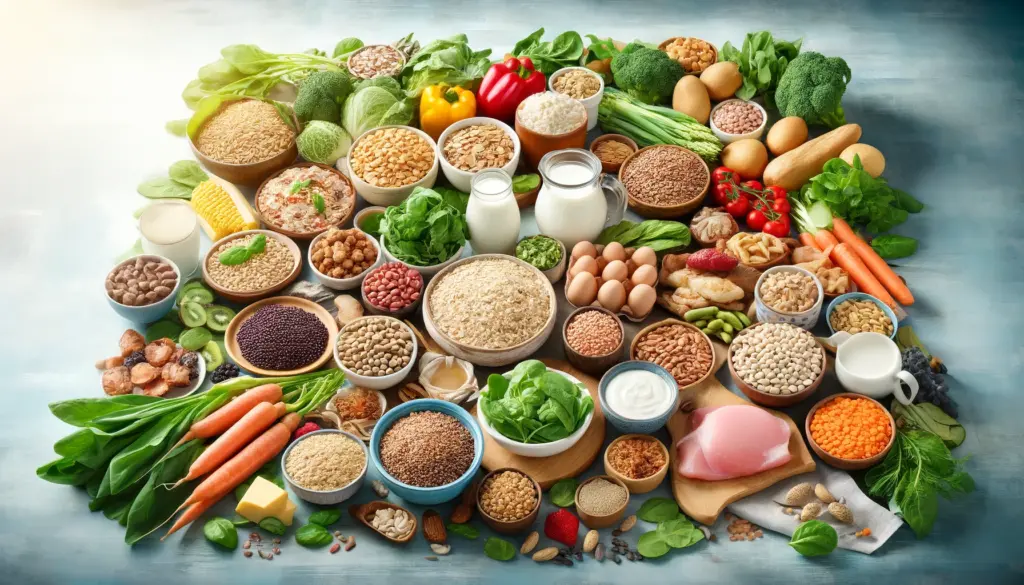 A detailed and colorful kitchen table spread showcasing a variety of foods rich in Vitamin B1 and B2. The table includes whole grains like brown rice