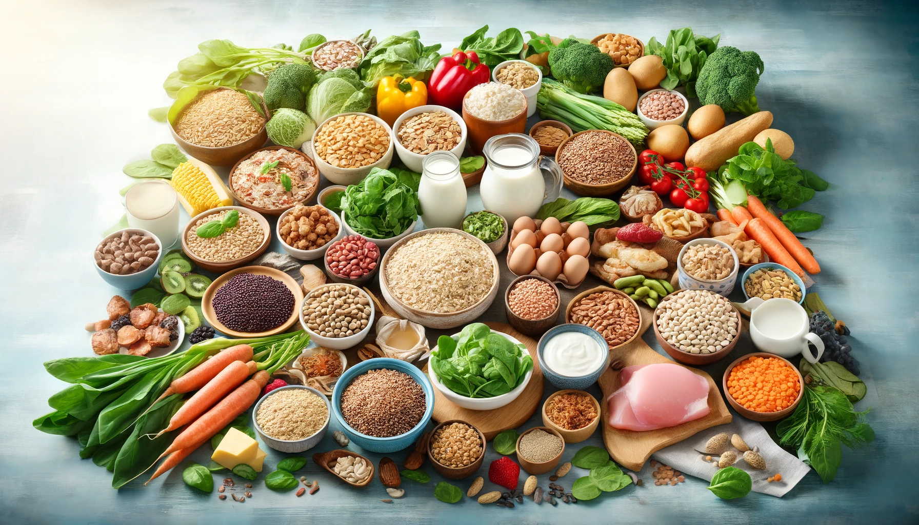 A detailed and colorful kitchen table spread showcasing a variety of foods rich in Vitamin B1 and B2. The table includes whole grains like brown rice