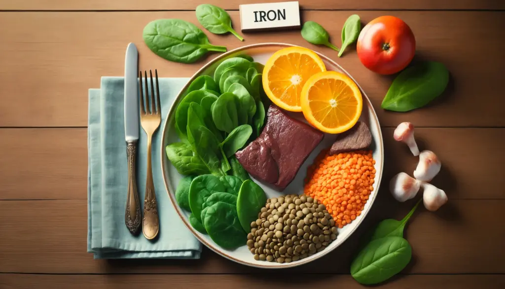 A healthy and balanced meal on a plate showcasing a variety of iron rich foods