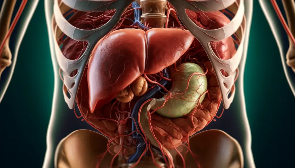 A highly detailed and photorealistic image showing the human liver and gallbladder in situ within the abdominal cavity