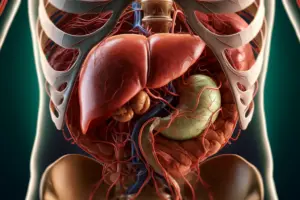 A highly detailed and photorealistic image showing the human liver and gallbladder in situ within the abdominal cavity