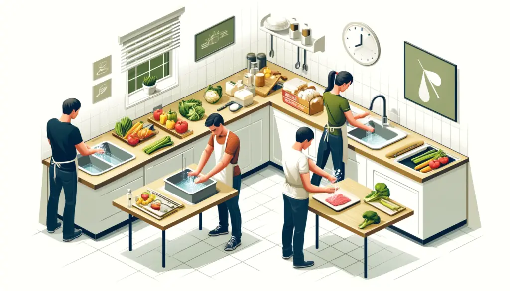 A kitchen setting demonstrating proper food hygiene. The scene includes a person washing their hands thoroughly with soap at the sink another person