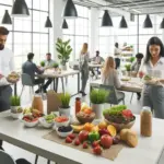 A modern office break room with a variety of healthy food options on a table, including fruits, salads, whole grains, and protein sources