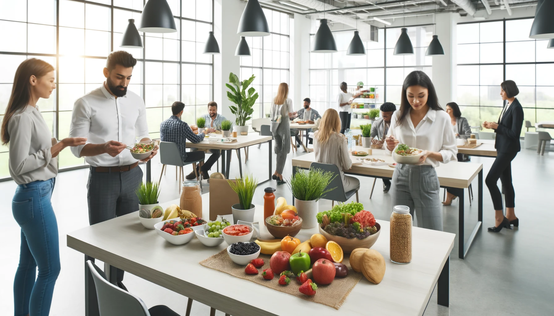 A modern office break room with a variety of healthy food options on a table including fruits salads whole grains and protein sources