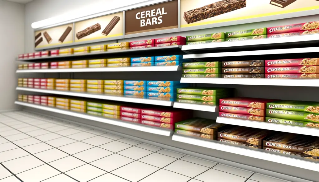 A neatly organized shelf in a supermarket displaying a variety of cereal bars. The shelf features different types of cereal bars