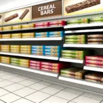 A neatly organized shelf in a supermarket displaying a variety of cereal bars. The shelf features different types of cereal bars