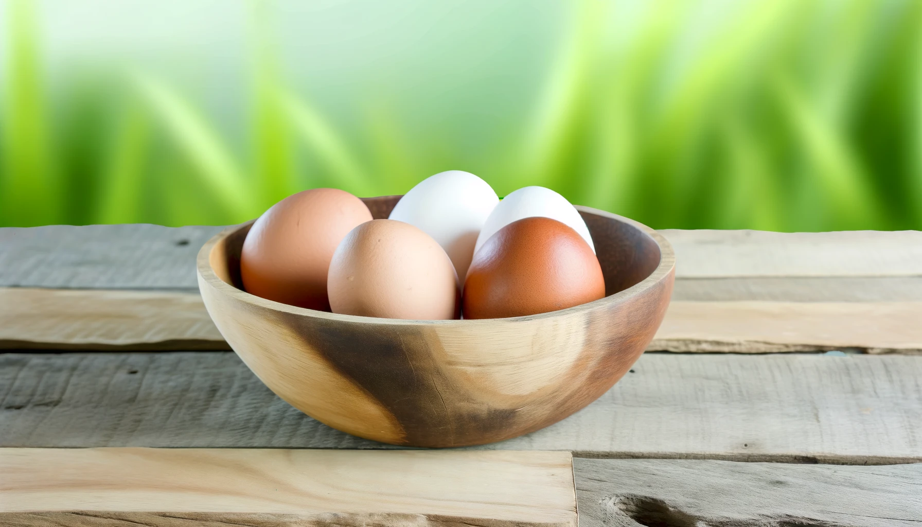 A rustic wooden bowl filled with fresh chicken eggs both white and brown shells on a wooden table. The background features softly blurred green plan