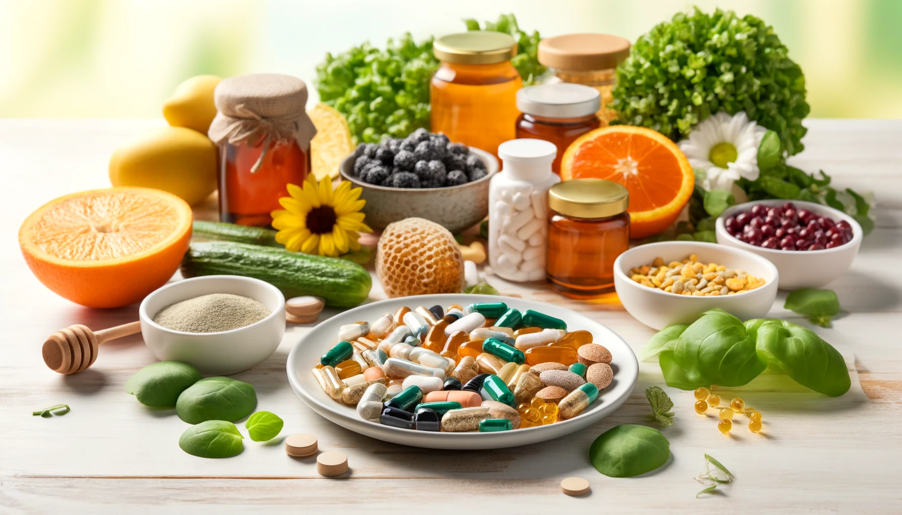 A table setting showcasing a variety of dietary supplements including iron folic acid calcium and magnesium capsules