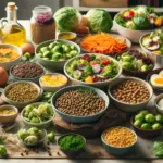 A vibrant and colorful array of salads on a rustic wooden table, featuring bowls of legumes like lentils and peas, plates of cruciferous vegetables