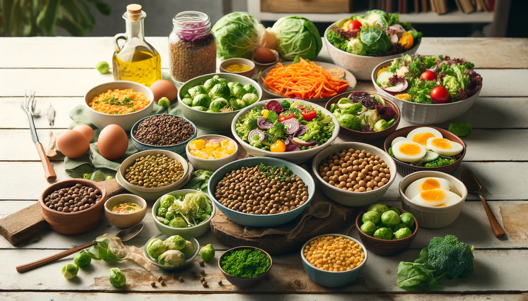 A vibrant and colorful array of salads on a rustic wooden table featuring bowls of legumes like lentils and peas plates of cruciferous vegetables
