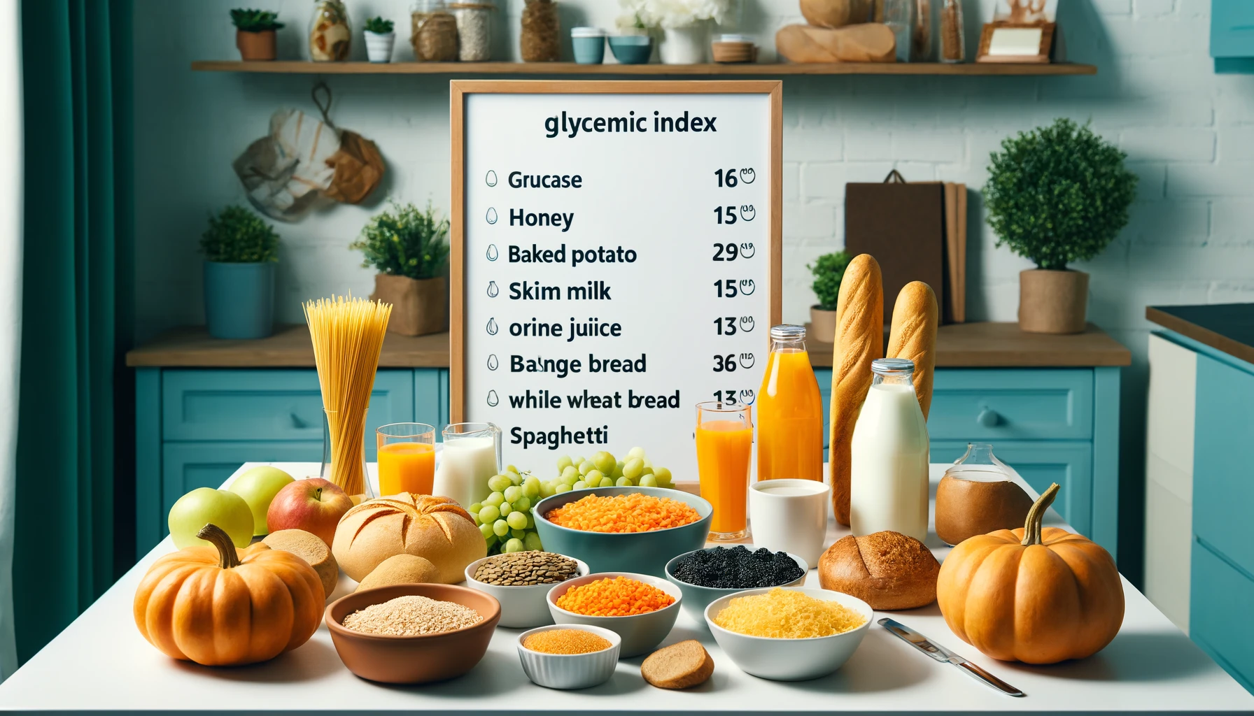 A well organized kitchen table with a variety of foods displayed each labeled with their glycemic index. The table includes glucose honey lentils etc