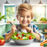 A young child happily eating a colorful salad filled with a variety of vegetables, such as tomatoes, carrots, and lettuce, at a brightly lit kitchen