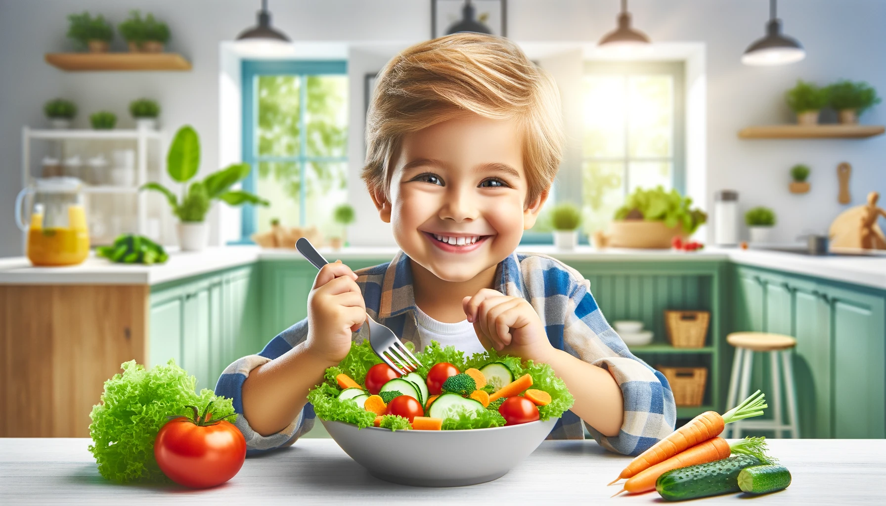 A young child happily eating a colorful salad filled with a variety of vegetables such as tomatoes carrots and lettuce at a brightly lit kitchen