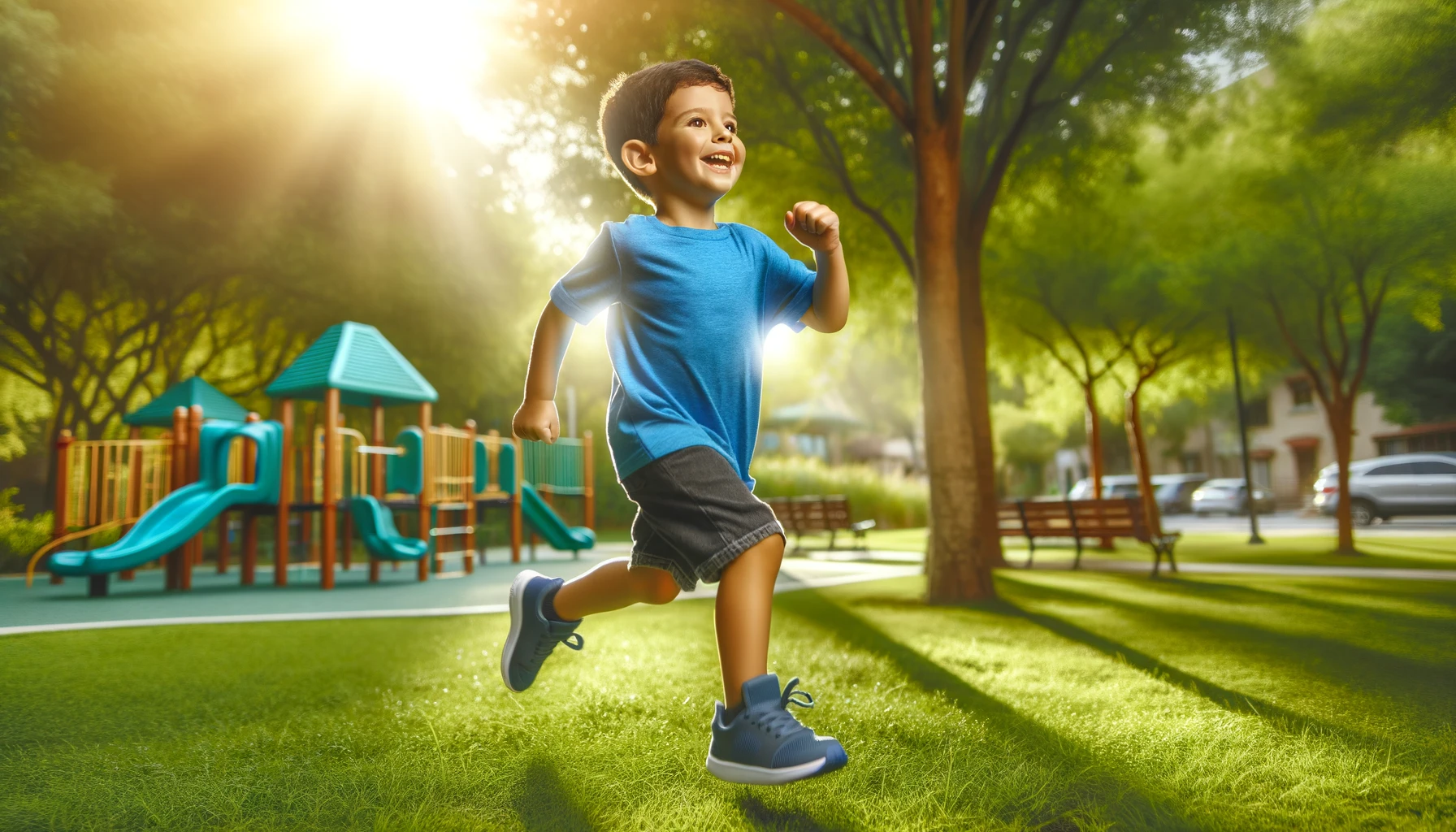 A young child joyfully playing outside in a park engaging in a variety of physical activities like running and jumping