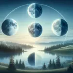 a lunar cycle over a tranquil landscape, with four distinct sections showing the new moon, first quarter, full moon, and last qua