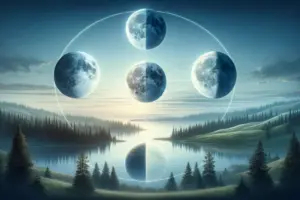 a lunar cycle over a tranquil landscape with four distinct sections showing the new moon first quarter full moon and last qua
