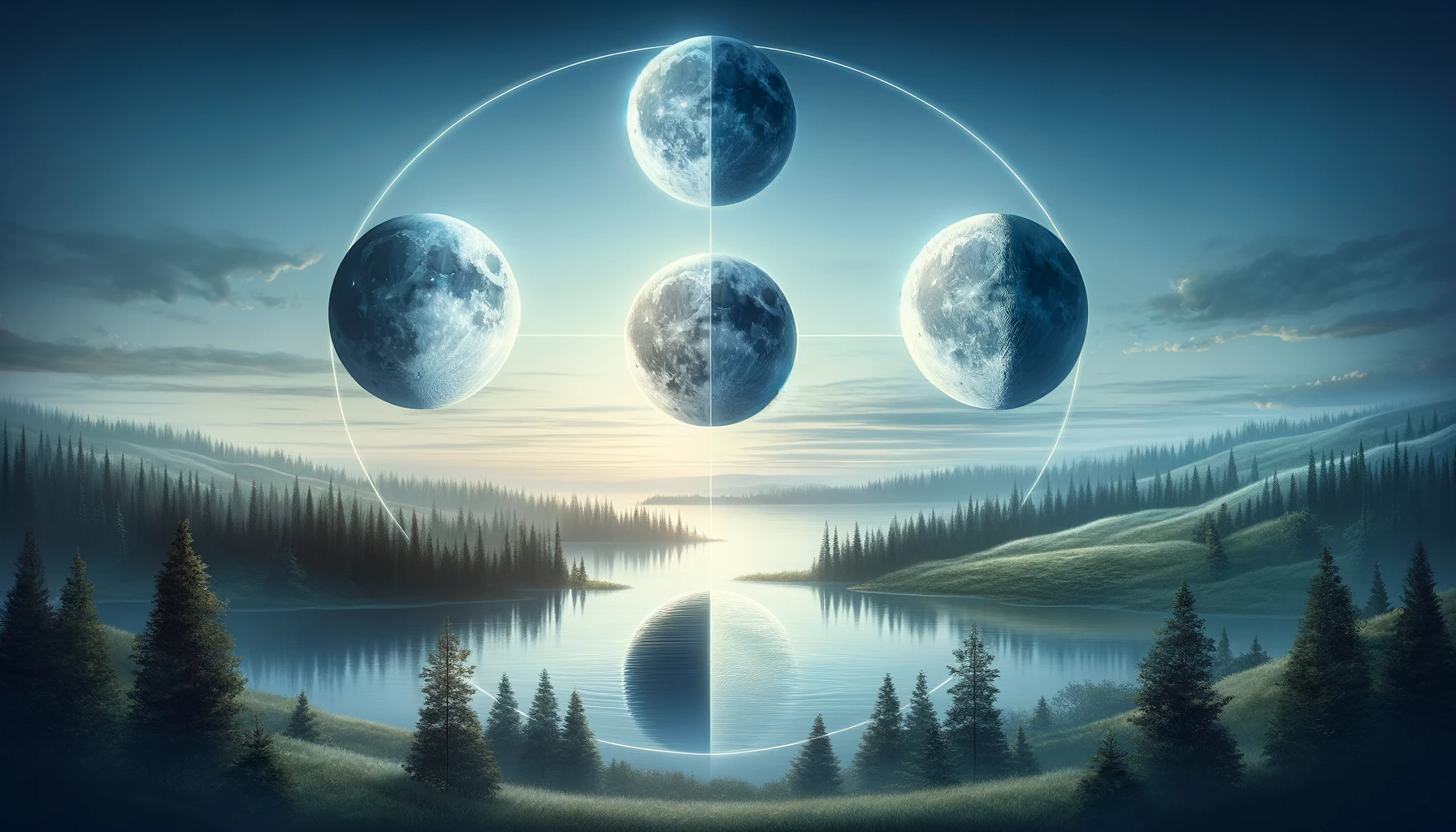 a lunar cycle over a tranquil landscape with four distinct sections showing the new moon first quarter full moon and last qua
