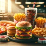 a variety of fast food items including burgers, fries, pizza, and soft drinks arranged attractively on a table