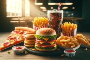 a variety of fast food items including burgers fries pizza and soft drinks arranged attractively on a table