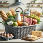 basket full of economical and nutritious foods on a kitchen table. The basket includes milk, cheese, eggs, lean cuts of me