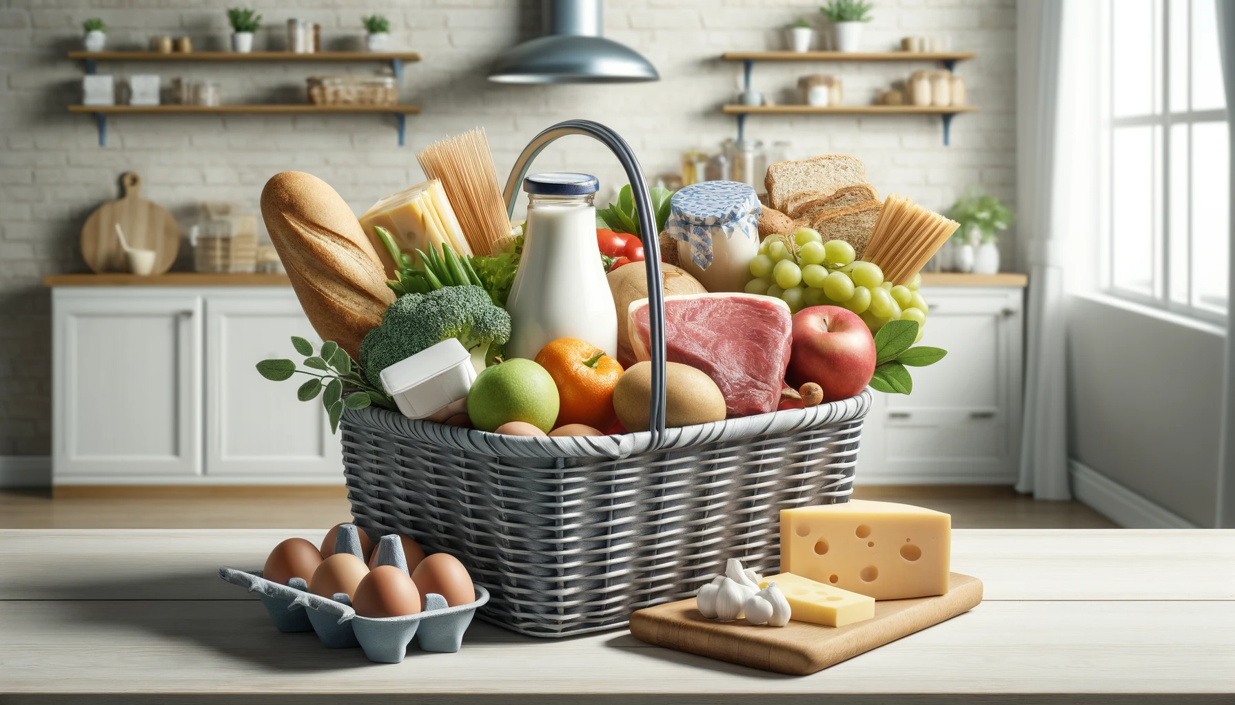 basket full of economical and nutritious foods on a kitchen table. The basket includes milk cheese eggs lean cuts of me