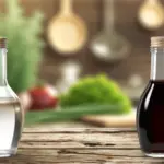 two distinct glass bottles on a rustic wooden table. One bottle contains clear, regular vinegar