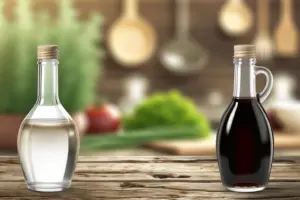 two distinct glass bottles on a rustic wooden table. One bottle contains clear regular vinegar